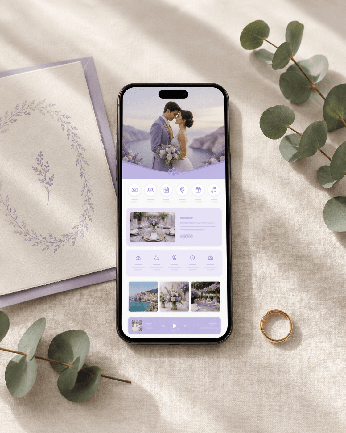 Een Invitesly-trouwpagina op een telefoon, omringd door eucalyptus, een trouwkaart en ringen